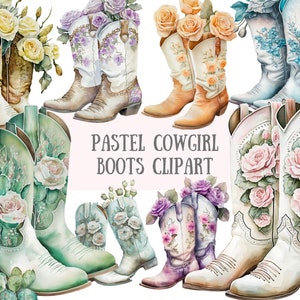 Aquarell Pastell Cowgirl Stiefel Clipart Wild Western PNG digitale Bild-Downloads für die Kartenherstellung Scrapbook Junk Journal Papierhandwerk