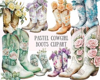 Akvarell pastellfärgade cowgirlstövlar clipart vild västern PNG digitala bildnedladdningar för korttillverkning scrapbook skräpjournal papperspyssel