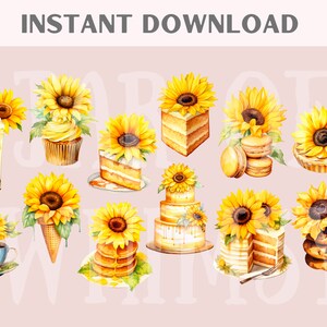 Puede incluir: Un conjunto de 12 ilustraciones de acuarela que presentan varios postres amarillos y blancos y girasoles. Los postres incluyen un cupcake, una rebanada de pastel, un batido, una pila de galletas, un cono de helado, una pila de panqueques y un pastel de bodas.