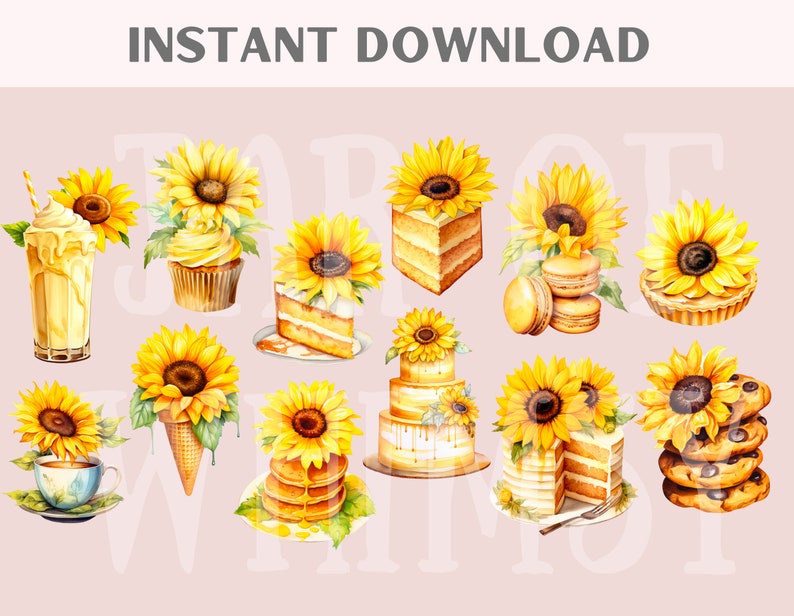 Puede incluir: Un conjunto de 12 ilustraciones de acuarela que presentan varios postres amarillos y blancos y girasoles. Los postres incluyen un cupcake, una rebanada de pastel, un batido, una pila de galletas, un cono de helado, una pila de panqueques y un pastel de bodas.