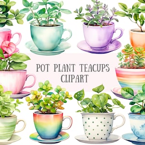 Aquarela pote planta xícara de chá clipart plantas de casa downloads de imagens digitais PNG para fazer cartões scrapbook lixo diário artesanato em papel