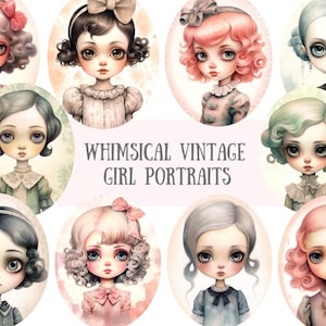 Aquarel grillige vintage meisje portret clipart png digitale afbeelding downloads voor kaarten maken plakboek ongewenste dagboek papier ambachtelijke