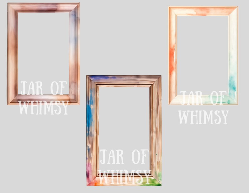 May include: Three wooden picture frames with a watercolor wash effect. The frames are all the same size and shape, but each has a different color scheme. The text "JAR OF WHIMSY" is printed on the bottom of each frame.