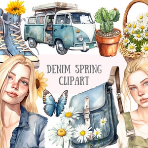 Watercolour Denim Spring Clipart Granola Girl Aesthetic PNG Digital Image Downloads for Card Making Scrapbook Junk Journal Paper Crafts