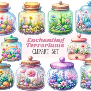Watercolour Enchanting Terrarium Clipart Cute Fairy Garden Jar PNG Digital Image Download for Card Making Scrapbook Junk Journal Paper Craft