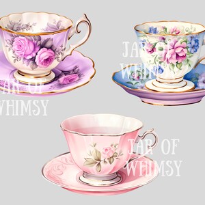 May include: Three vintage teacups and saucers with floral patterns. The teacups are in shades of pink, purple, and blue, with gold accents. The saucers have matching floral designs.