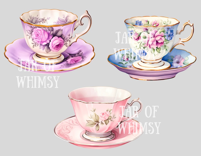 May include: Three vintage teacups and saucers with floral patterns. The teacups are in shades of pink, purple, and blue, with gold accents. The saucers have matching floral designs.