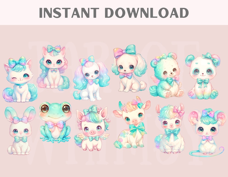 Watercolour Pastel Rainbow Animal Clipart Kawaii Animals PNG Digital ...