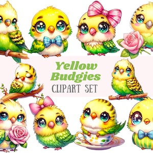 Periquito amarillo de acuarela Clipart Chibi Mascota Pájaro Periquito PNG Imagen digital Descarga para hacer tarjetas Álbum de recortes Diario basura Manualidades de papel