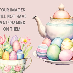 Op de afbeelding: Waterverfillustratie met een theepot en een theekopje met paaseieren. De theepot is wit met een roze deksel en blauwe accenten. Het theekopje is gevuld met tulpen, bloemen en versierde eieren in pastelkleuren.