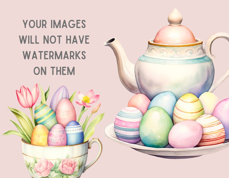 Op de afbeelding: Waterverfillustratie met een theepot en een theekopje met paaseieren. De theepot is wit met een roze deksel en blauwe accenten. Het theekopje is gevuld met tulpen, bloemen en versierde eieren in pastelkleuren.