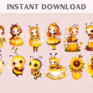 May include: A set of 12 digital clipart images featuring cute cartoon bees and bee-themed characters. The images include bees, beekeepers, honey pots, and sunflowers. The images are in a cartoon style and are perfect for use in digital projects.