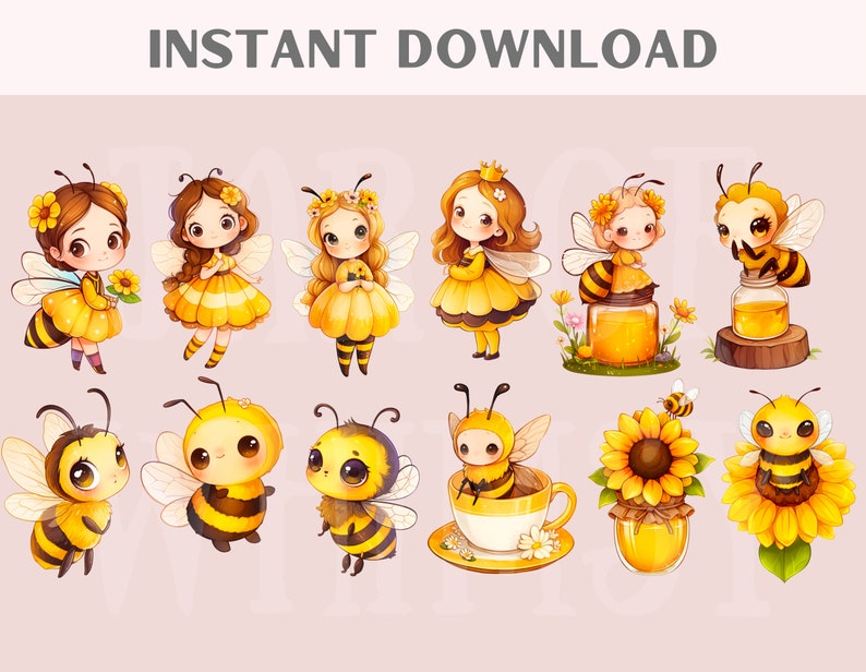 May include: A set of 12 digital clipart images featuring cute cartoon bees and bee-themed characters. The images include bees, beekeepers, honey pots, and sunflowers. The images are in a cartoon style and are perfect for use in digital projects.