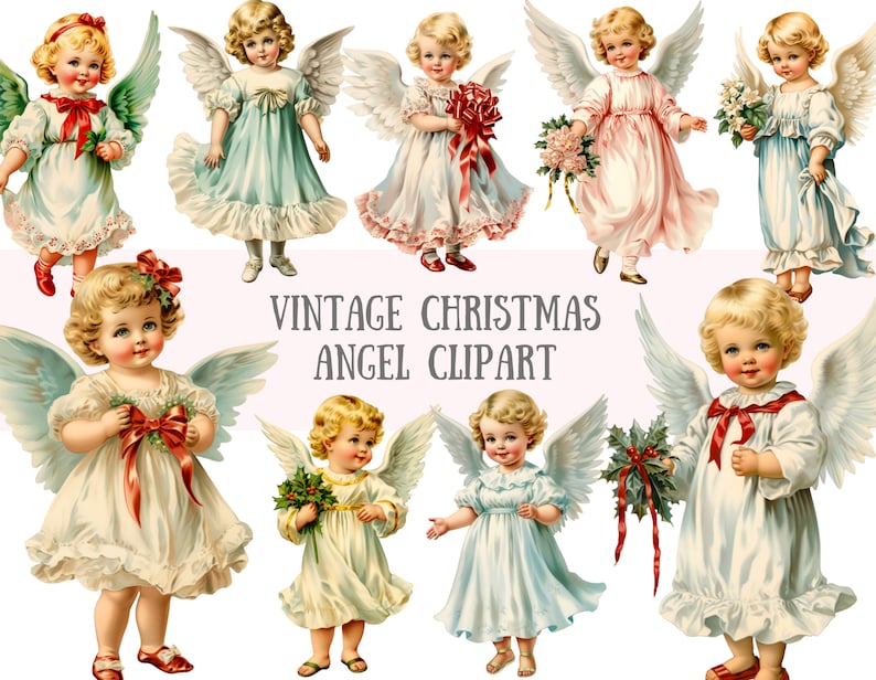 Pode incluir: Um conjunto de dez ilustra&ccedil;&otilde;es vintage de anjos de Natal. Os anjos s&atilde;o retratados como meninas jovens com cabelo loiro e asas brancas. Elas usam vestidos brancos, azuis e rosa com la&ccedil;os vermelhos e seguram flores, azevinho e fitas.