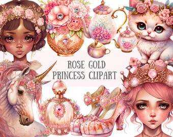 Watercolour Rose Gold Princess Clipart - Royal Fantasy PNG Digital Image Downloads for Card Making, Scrapbook, Junk Journal, Crafts