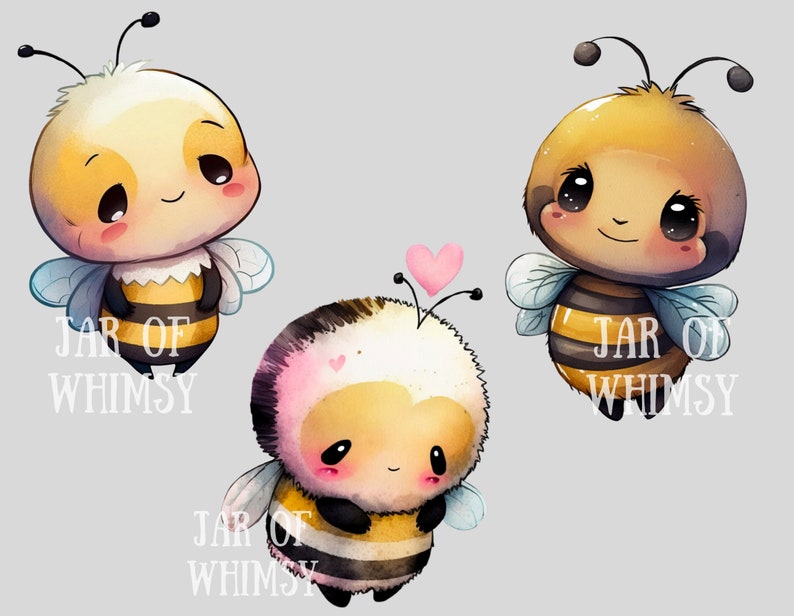 Pu&ograve; includere: Tre illustrazioni ad acquerello di simpatiche api dei cartoni animati. Ogni ape ha un corpo a strisce gialle e nere, grandi occhi e piccole ali. Un'ape ha un cuore rosa sopra la testa. Il testo "JAR OF WHIMSY" &egrave; stampato sotto ogni ape.