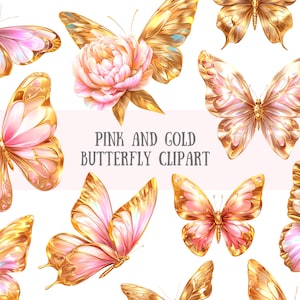 Aquarela Rosa e Borboleta Dourada Clipart Borboleta Dourada PNG Downloads de imagens digitais para fazer cartões Scrapbook Junk Journal Paper Crafts