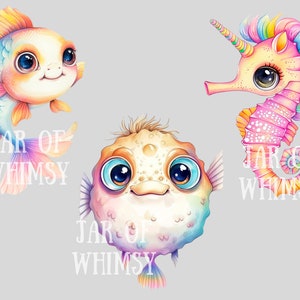 May include: Three whimsical cartoon sea creatures with rainbow colors. A goldfish, a seahorse, and a pufferfish. Each creature has large eyes and a cute expression. The text "JAR OF WHIMSY" appears three times in the image.