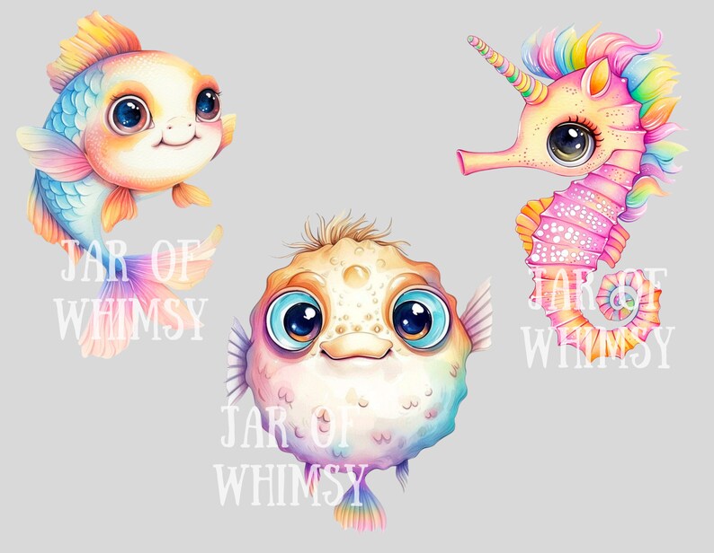May include: Three whimsical cartoon sea creatures with rainbow colors. A goldfish, a seahorse, and a pufferfish. Each creature has large eyes and a cute expression. The text "JAR OF WHIMSY" appears three times in the image.