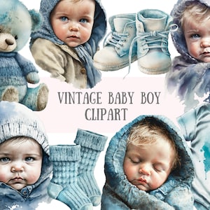 Aquarel vintage babyjongen clipart - babyshower png digitale afbeelding downloads voor kaarten maken, plakboek, ongewenste dagboek, papier ambachten