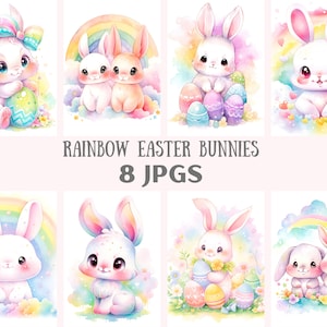 Aquarelle arc-en-ciel de Pâques lapins Clipart lapin de Pâques JPG téléchargements d'images numériques pour la fabrication de cartes Scrapbook indésirable Journal travaux manuels en papier