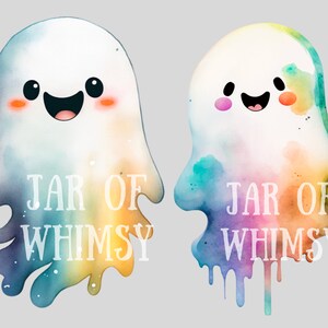 May include: Two watercolor ghosts with rainbow colors and smiling faces. The text "JAR OF WHIMSY" is written below each ghost.