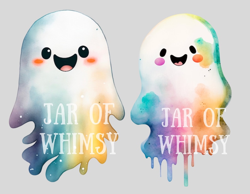 May include: Two watercolor ghosts with rainbow colors and smiling faces. The text "JAR OF WHIMSY" is written below each ghost.