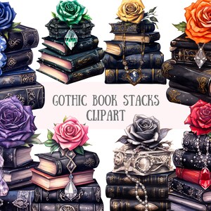 May include: A set of digital clipart images featuring stacks of gothic books with roses on top. The books are black with gold accents and the roses are in various colors, including red, blue, purple, orange, yellow, pink, and black.