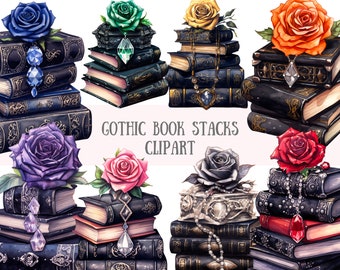 Watercolour Gothic Book Stack Clipart Bookcase Bookworm PNG Digital Image Downloads for Card Making Scrapbook Junk Journal Paper Crafts