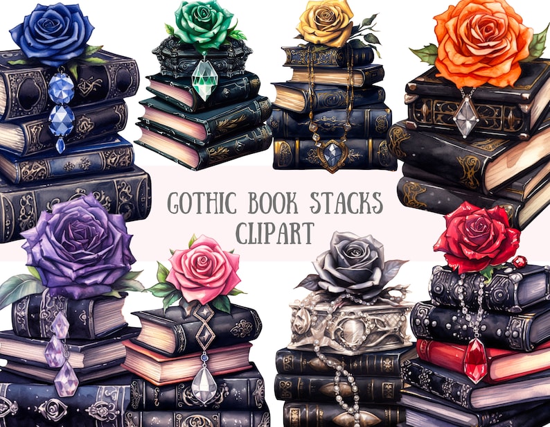 May include: A set of digital clipart images featuring stacks of gothic books with roses on top. The books are black with gold accents and the roses are in various colors, including red, blue, purple, orange, yellow, pink, and black.