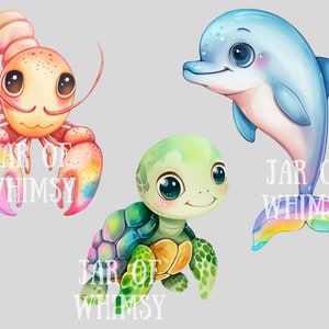 May include: A set of three whimsical cartoon animal illustrations featuring a rainbow lobster, a green turtle, and a blue dolphin with a rainbow tail. The text "JAR OF WHIMSY" appears on each illustration.