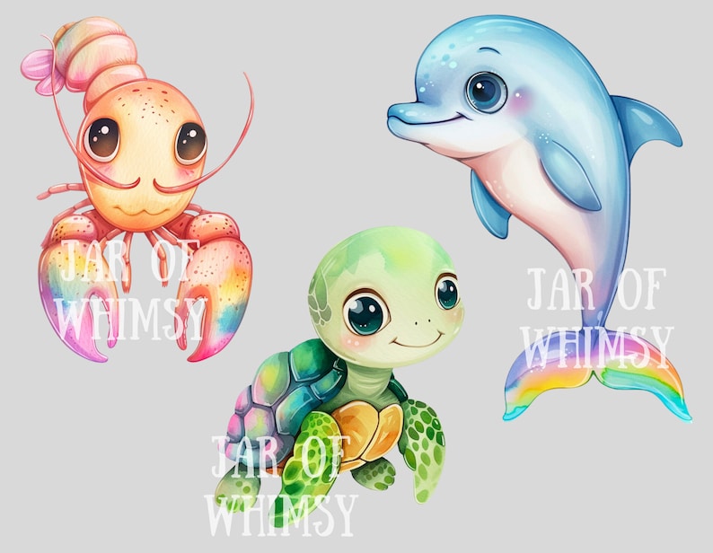 May include: A set of three whimsical cartoon animal illustrations featuring a rainbow lobster, a green turtle, and a blue dolphin with a rainbow tail. The text "JAR OF WHIMSY" appears on each illustration.
