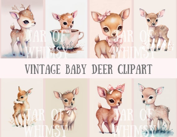 Watercolour Vintage Baby Deer Clipart - Kitsch Deer PNG Digital Image Downloads for Card Making, Scrapbook, Junk Journal, Paper Crafts