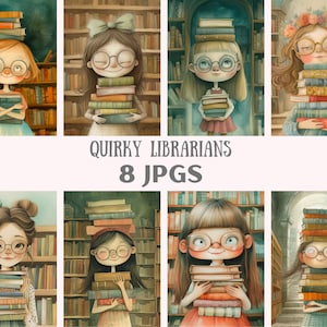 Bibliothécaire original aquarelle fantaisiste des cliparts amateur de livres JPG téléchargements d'images numériques pour la fabrication de cartes Scrapbooking Junk Journal travaux manuels en papier
