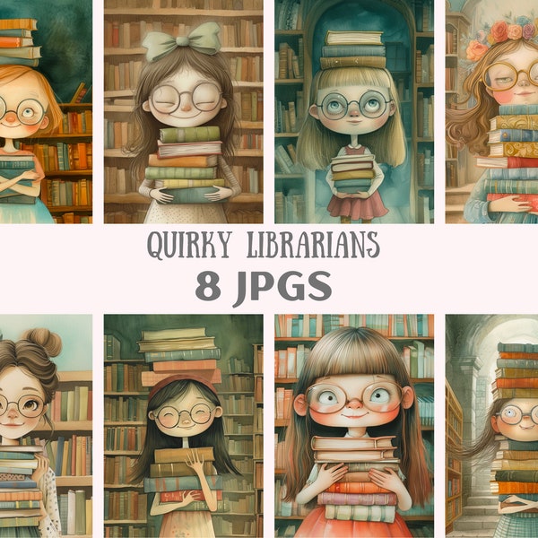 Watercolour Quirky Librarian Clipart Whimsical Book Lover JPG Digital Image Downloads for Card Making Scrapbook Junk Journal Paper Crafts