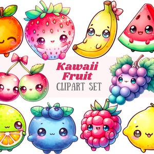 Clipart di frutta kawaii acquerello Frutta carina con facce PNG Immagini digitali da scaricare per la creazione di biglietti Scrapbook Junk Journal Paper Crafts