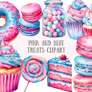 Aquarelle rose et bleu, des cliparts révèlent le sexe du gâteau Image numérique PNG à téléchargements pour la fabrication de cartes de vœux Scrapbooking Journal indésirable en papier Artisanat