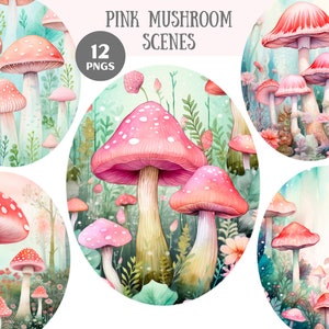 Aquarelle rose champignon Clipart fée des champignons PNG Image numérique à télécharger pour la fabrication de cartes, scrapbooking, journal indésirable, travaux manuels en papier