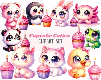 Può includere: Un set di clipart digitale di 10 simpatici animali dei cartoni animati con cupcake. Gli animali includono un panda, un pinguino, un coniglio, un axolotl, una rana, un lama, un gatto, un'anatra e un orso polare. Ogni animale tiene un cupcake con glassa rosa e codette. Il testo "Cupcake Cuties CLIPART SET" è scritto in lettere rosa su uno sfondo bianco.