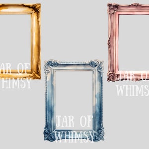 May include: Three ornate picture frames with a white background. The frames are gold, blue, and pink. The text "JAR OF WHIMSY" is printed below each frame.