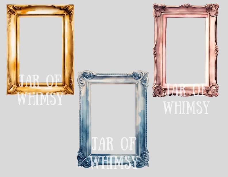 May include: Three ornate picture frames with a white background. The frames are gold, blue, and pink. The text "JAR OF WHIMSY" is printed below each frame.