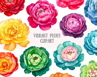 Watercolour Vibrant Peony Clipart Spring Flower Elements PNG Digital Image Downloads for Card Making Scrapbook Junk Journal Paper Crafts