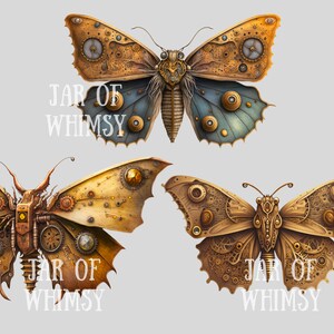May include: Three steampunk-style butterfly designs with intricate gears and clockwork details. Each butterfly has a gold and brown color scheme with a "JAR OF WHIMSY" text label.