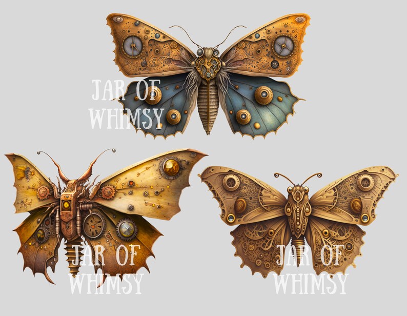 May include: Three steampunk-style butterfly designs with intricate gears and clockwork details. Each butterfly has a gold and brown color scheme with a "JAR OF WHIMSY" text label.