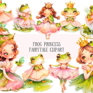 Aquarelle grenouille princesse conte de fées Clipart Anime Chibi Girl PNG Image numérique à télécharger pour la fabrication de cartes Scrapbook Junk Journal créations en papier