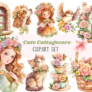Aquarell niedlich Cottagecore Clipart Cartoon Cottage Core Mädchen PNG digitale Bild-Download für die Kartenherstellung Scrapbook Junk Journal Papierhandwerk