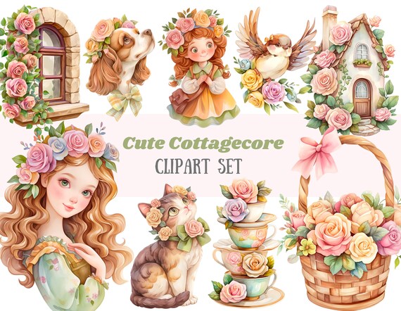 Watercolour Cute Cottagecore Clipart Cartoon Cottage Core Girl PNG Digital Image Download for Card Making Scrapbook Junk Journal Paper Craft