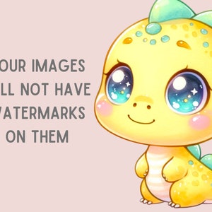 Puede incluir: Un lindo dinosaurio amarillo de dibujos animados con grandes ojos azules y una espalda verde puntiaguda. El dinosaurio est&aacute; sonriendo y tiene un rubor rosado en las mejillas. El texto "YOUR IMAGES WILL NOT HAVE WATERMARKS ON THEM" est&aacute; en el fondo.