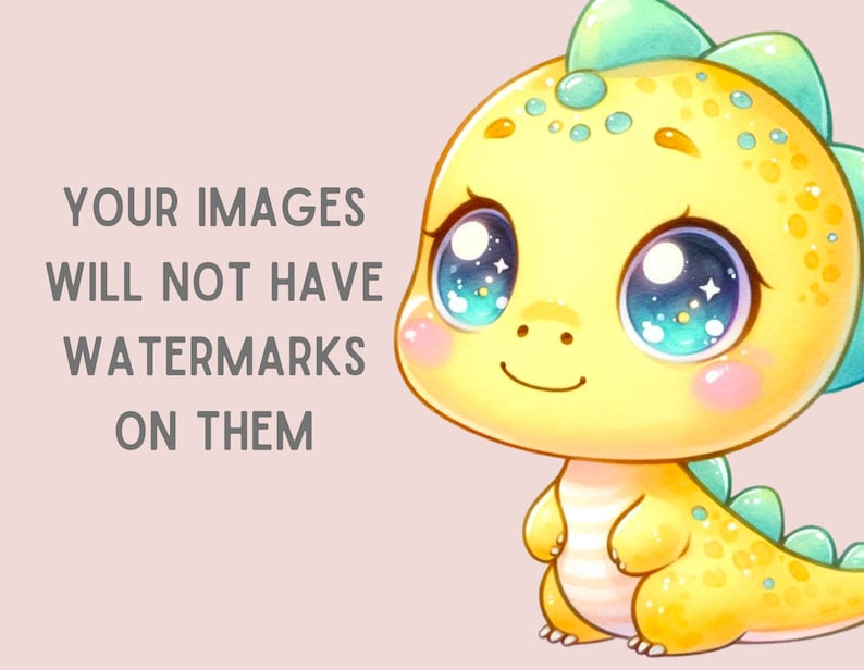 Puede incluir: Un lindo dinosaurio amarillo de dibujos animados con grandes ojos azules y una espalda verde puntiaguda. El dinosaurio est&aacute; sonriendo y tiene un rubor rosado en las mejillas. El texto "YOUR IMAGES WILL NOT HAVE WATERMARKS ON THEM" est&aacute; en el fondo.