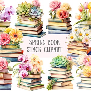 Watercolour Spring Book Stack Clipart Bookcase Bookworm PNG Digital Image Downloads for Card Making Scrapbook Junk Journal Paper Crafts